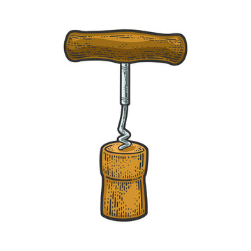 recommend clip art: corkscrew and cork color sketch engraving vector illustration. T-shirt apparel print design. Scratch board imitation. Black and white hand drawn image.