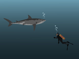 Obraz premium A diver is encountering a shark under the sea.