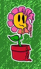 Surreal melting flower cartoon illustration/vector with a scratchy, green and grunge style background. Great image to demonstrate climate change and environmental issues to kids or on a poster.
