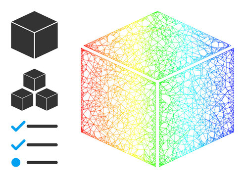 Rainbow colorful net mesh cube. Hatched carcass flat network geometric image based on cube icon, is made from crossed lines. Colored net mesh icon.