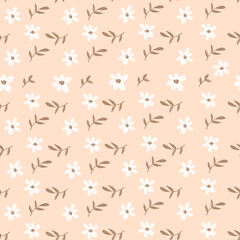 Plakat simple flower pattern. seamless background with flowers and leaves. plant drawing in pastel colors. endless summer meadow. summer and spring motifs.
