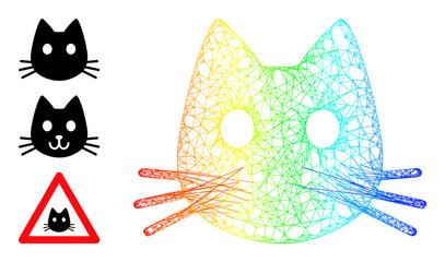 Rainbow colorful wire frame cat head. Hatched frame flat network geometric symbol based on cat head icon, created with intersected lines. Colored wire frame icon.