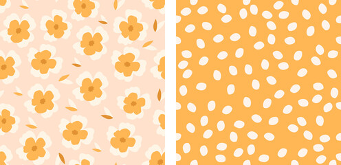set of cute patterns with floral print and dots. endless doodle hand drawn pattern. scattered orange flowers. delicate floral print.