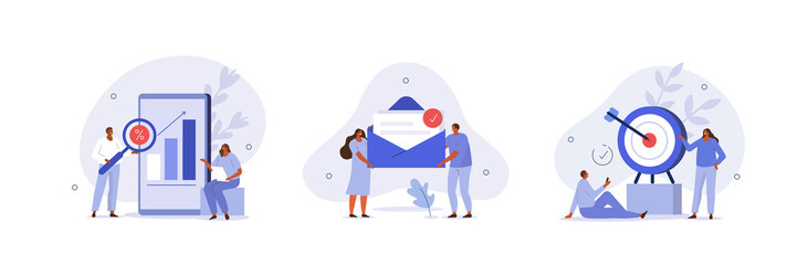 Digital marketing illustration set. Characters targeting audience, sending advertising mails and promotional offers, analyzing marketing data. Business concept. Vector illustration.