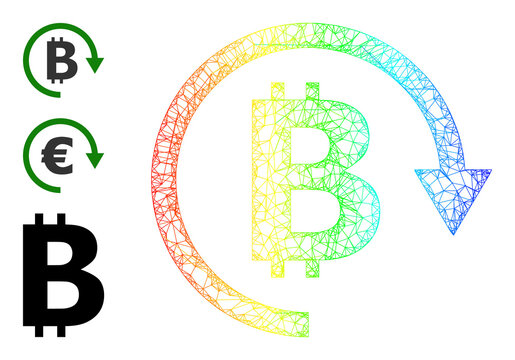 Rainbow vibrant network bitcoin repay. Crossed frame 2d network geometric image based on bitcoin repay icon, created from crossed lines. Vibrant wire frame icon.