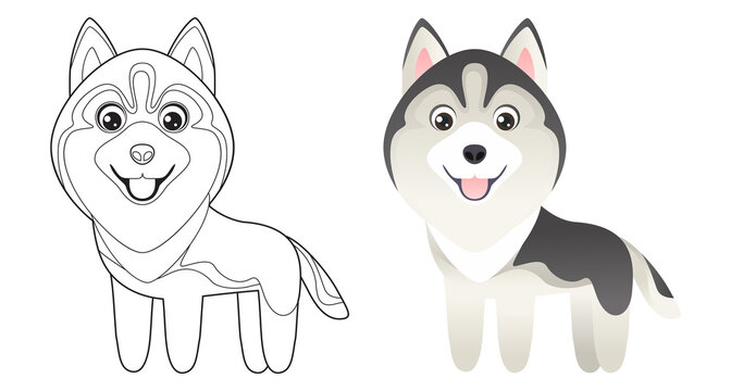 Coloring page outline of cute dog. Handsome cartoon puppy. Coloring book for children.