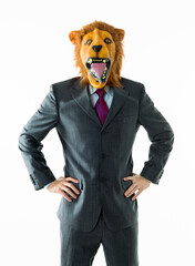 Businessman with head of lion on white background