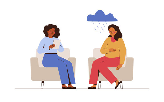 Pregnant woman in depression receives support from counselor. Mental health Therapy session in doctor's office. Psychologist has an individual meeting with young mother. Vector illustration