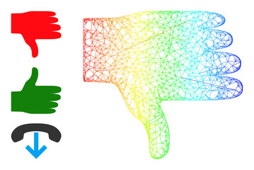 Spectrum colored net mesh thumb down. Wire carcass flat net abstract image based on thumb down icon, is made with intersected lines. Colorful net mesh icon.