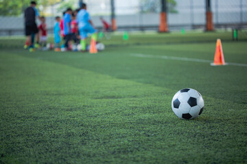 Obraz na płótnie Canvas Soccer ball tactics cone on grass field with for training