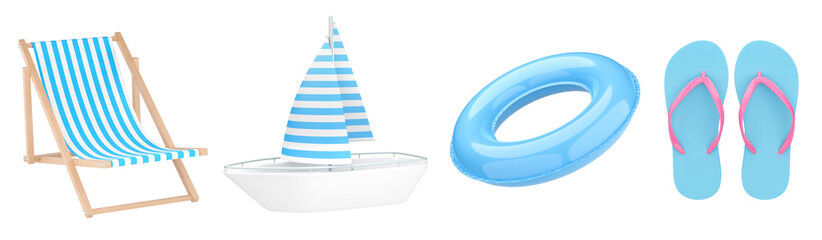 Set of summer icons. Beach chair, inflatable ring, flip flop, spoon with sail. 3d illustration.