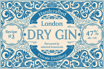 Dry gin - monochrome ornate vintage decorative label