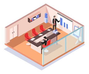 Isometric office indoor, building. People work inside cabinets. Isometry cartoon office. Indoor visual workplace visualization. Cooperation inside concept. Cartoon activitie. Vector illustration