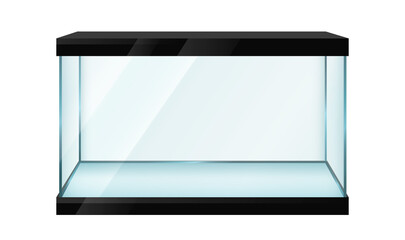 Aquarium on white background. Front view of glass reservoir empty, without water for amphibian, fish, insect pet place, animal. Vector illustration