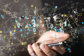 holding 3D rendering group of blue people