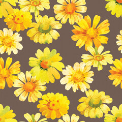 Fototapeta na wymiar Yellow chamomile background. Floral seamless pattern for wrapping paper, wallpaper and fabric. Fashion background