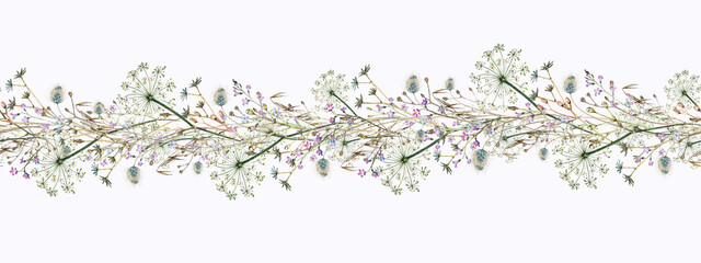 Watercolor seamless border with fennel, wildflowers and other summer herbs in a horizontal wreath isolated on white background.