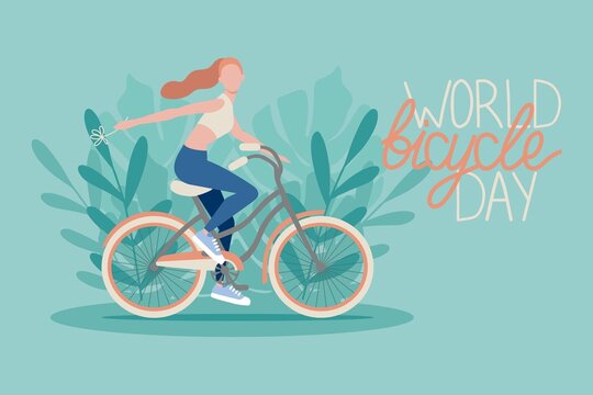 World Bicycle Day poster with girl cycling background with monstera. Eco concept.