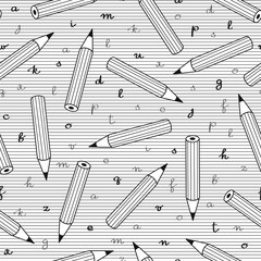 Graphic pencils and letters. Seamless pattern. Black and wite vector illustration.