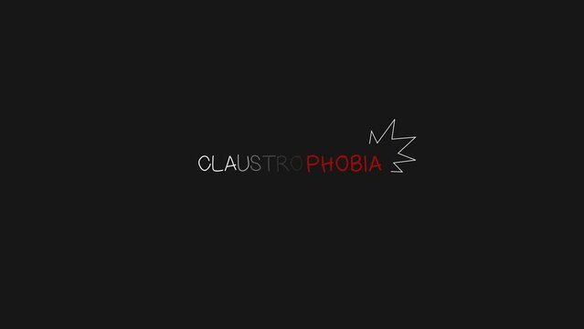 The red word Phobia is complemented by white prefixes arachno, homo, hemo, zoo, claustro, necro, social, philo on a black background. Seamless video