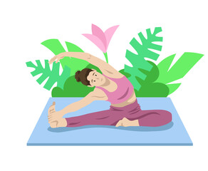 Obraz na płótnie Canvas Woman doing yoga at home. Mental and body health, balance and harmony. Leg stretch.