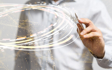 abstract lines with dots over dark background.