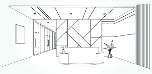 interior outline sketch drawing perspective of a space office.Workplaces . Tables, chairs and windows. Vector illustration in a sketch style.