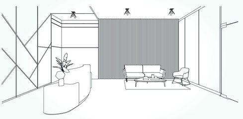 interior outline sketch drawing perspective of a space office.Workplaces . Tables, chairs and windows. Vector illustration in a sketch style.
