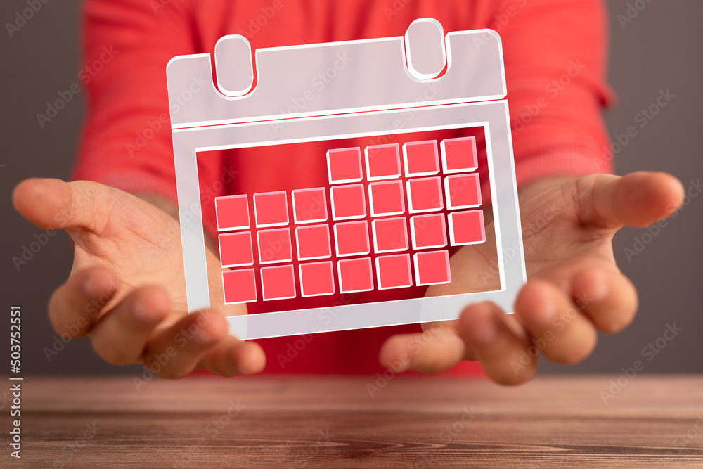 Poster minimal calendar icon with hand isolate on soft pink background. paper calendar icons. calendar date