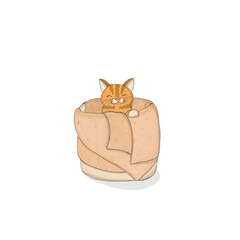 Red with stripes cat sits in a basket with a pink blanket