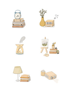Seth clock on a stack of books a bouquet of cotton in a vase radio beige aroma-tree with blue malbert painting with a mountain landscape paints brushes pencils albums lamp popcorn video projector