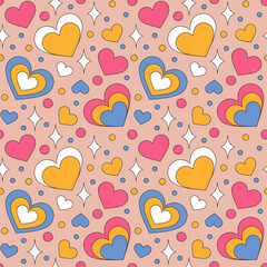 Seamless pattern with retro hearts and sparkles. Summer simple minimalist heart. 70 s style love. Colorful background. Vector illustration