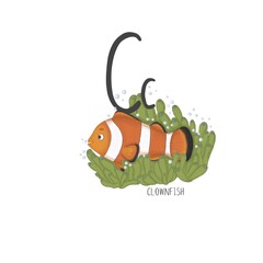 Alphabet red and white clown fish in green algae next to the letter C