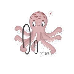 Alphabet pink cute octopus next to the letter O