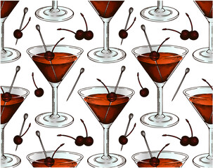  Sketch hand drawn pattern of Manhattan cocktail in glass with brandied cherry isolated on white background. Line art drawing alcohol drink. Bar menu. Vintage beverage wallpaper. Vector illustration.