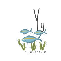 Alphabet a flock of striped blue fish next to the letter Y