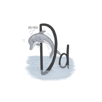 Alphabet cute dolphin jumping out of the water next to the letter D