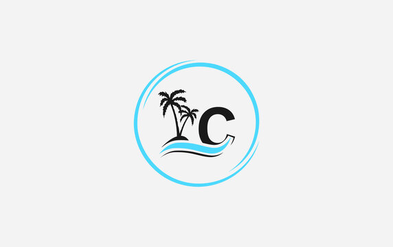 Nature water wave and beach tree vector art logo design with the letter and alphabet C