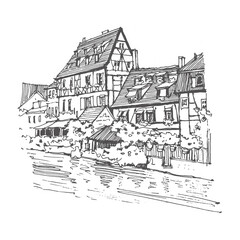 Travel sketch of Colmar, France. Hand drawing of the old town and the bridge. French houses line art. Hand drawn travel postcard. Urban sketch in black color isolated on a white background. - obrazy, fototapety, plakaty
