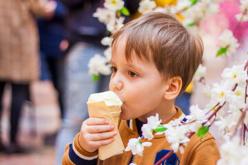 A happy child eats ice cream. A smiling little boy holds 1 ice cream in his hands, hidden by the...