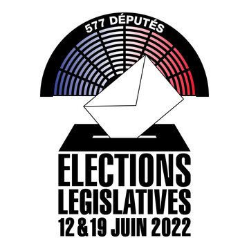 Affiche pour les élections législatives française de 2022, composée d’une urne avec un bulletin de vote et la représentation symbolique de l’hémicycle où siègeront les 577 députés.