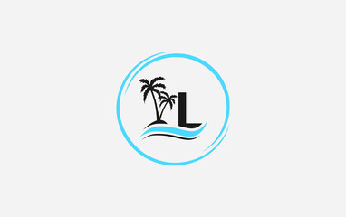 Nature water wave and beach tree vector art logo design with the letter and alphabet L
