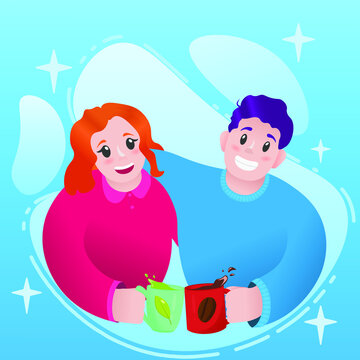 Hugging man with woman smiling holding cups with black coffee and green tea. Сlash of cups. Brass in different directions. Have fun with drinks