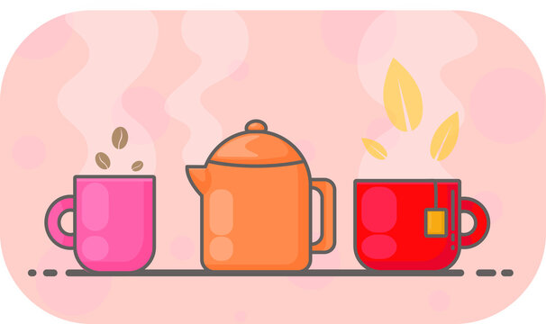 Table with cup, mug, kettle with hot water. Hot drinks in cups, coffee, tea, cocoa. Soaring tea leaves, coffee beans. Breakfast at home, in a cafe. Tea bag with tag.