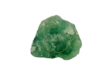 Cut out of macro shooting raw specimen of green fluorite gemstone rock isolated on white background.