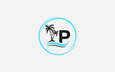 Nature water wave and beach tree vector art logo design with the letter and alphabet P