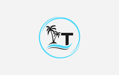 Nature water wave and beach tree vector art logo design with the letter and alphabet T