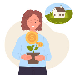 Young woman investing in dream. Cartoon smiling happy person holding money plant with gold coins to invest in future home, girl thinking about buying house flat vector illustration. Finance concept