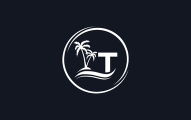 Nature water wave and beach tree vector art logo design with the letter and alphabet T