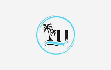 Nature water wave and beach tree vector art logo design with the letter and alphabet U